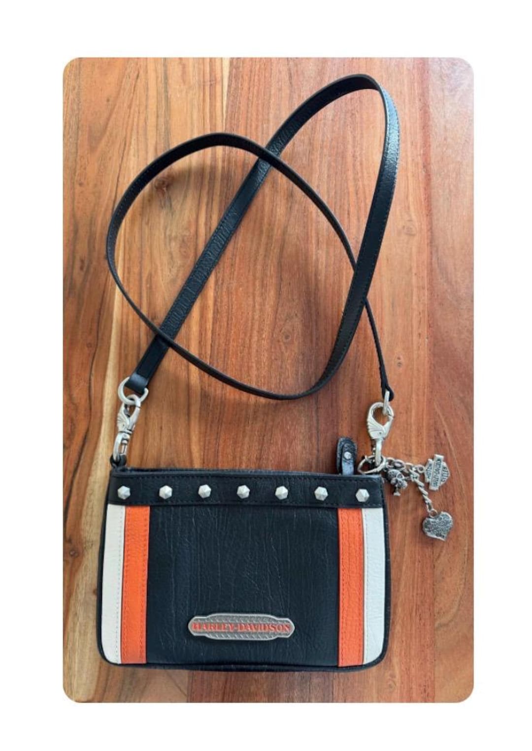 Harley-Davidson ショルダーバッグ　本革 Vintage Black Leather Harley Davidson Color Block Black Orange and