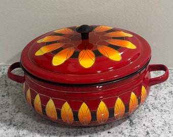 Vintage Enamel Lidded Pot Dutch Oven MCM Red Mid Century Modern with Handles Enameled Cookware