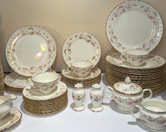 Vintage China Set Pope Gosser Florence Pink Roses Dinnerware Set Dinner Plate Dessert Serving Dish Creamer Sugar Bowl Gravy Bowl Salt Pepper