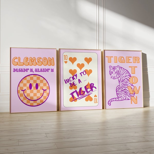 Clemson Dorm Wall Art | Set of 3 Prints | Clemson Tigers Posters | College Decor | Purple and Orange | Dorm Room Decor | Bar Cart Decor