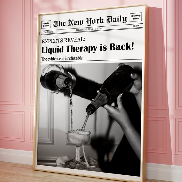 Trendy NewsPaper Print, Cocktail Poster, New York News, Liquid Therapy, Champagne, Bar Cart Decor, Girly Dorm Decor Retro | Instant Download