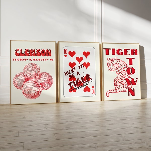 Clemson Dorm Wall Art | Set of 3 Prints | Clemson Tigers Posters | College Decor | Red Dorm Room Decor | Bar Cart Decor