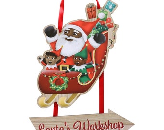 African American Black Santa, Santa’s Sleigh Workshop Sign, Christmas Decor