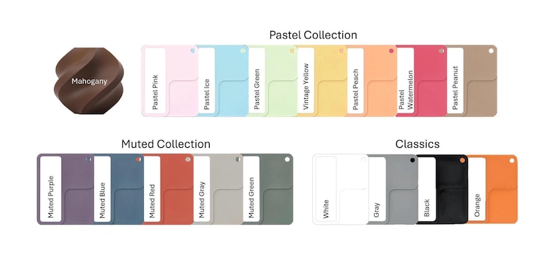 Pode incluir: Uma cole&ccedil;&atilde;o de amostras de cores rotuladas como "Pastel Collection", "Muted Collection" e "Classics". As amostras exibem v&aacute;rias cores, incluindo rosa, azul, verde, amarelo, p&ecirc;ssego, vermelho, cinza, preto e laranja. Um objeto cor de mogno tamb&eacute;m &eacute; mostrado.