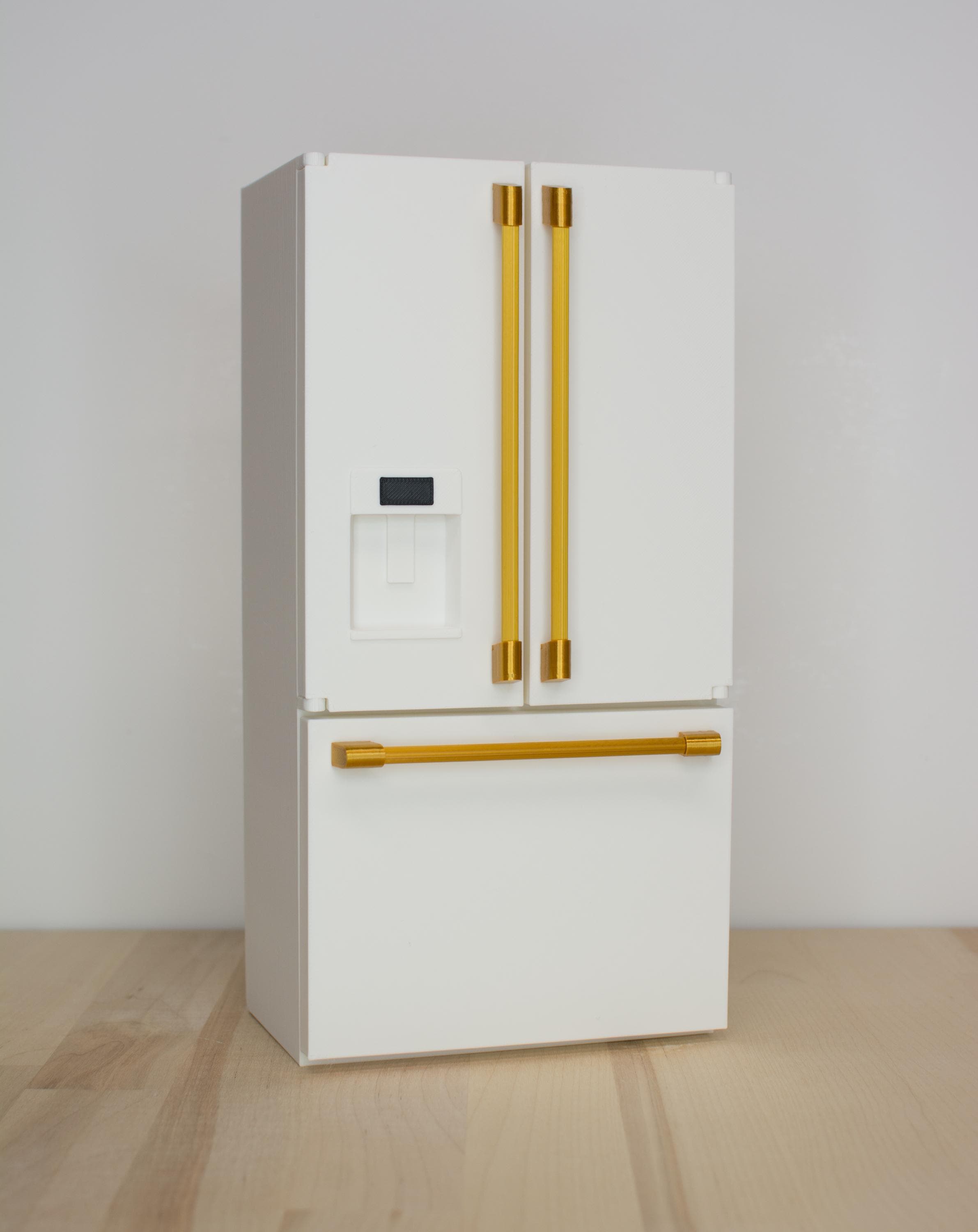 1:6 Scale Modern French Door Refrigerator – Miniature Dollhouse Fridge with Bottom Freezer and Dispenser – Custom Colors Available