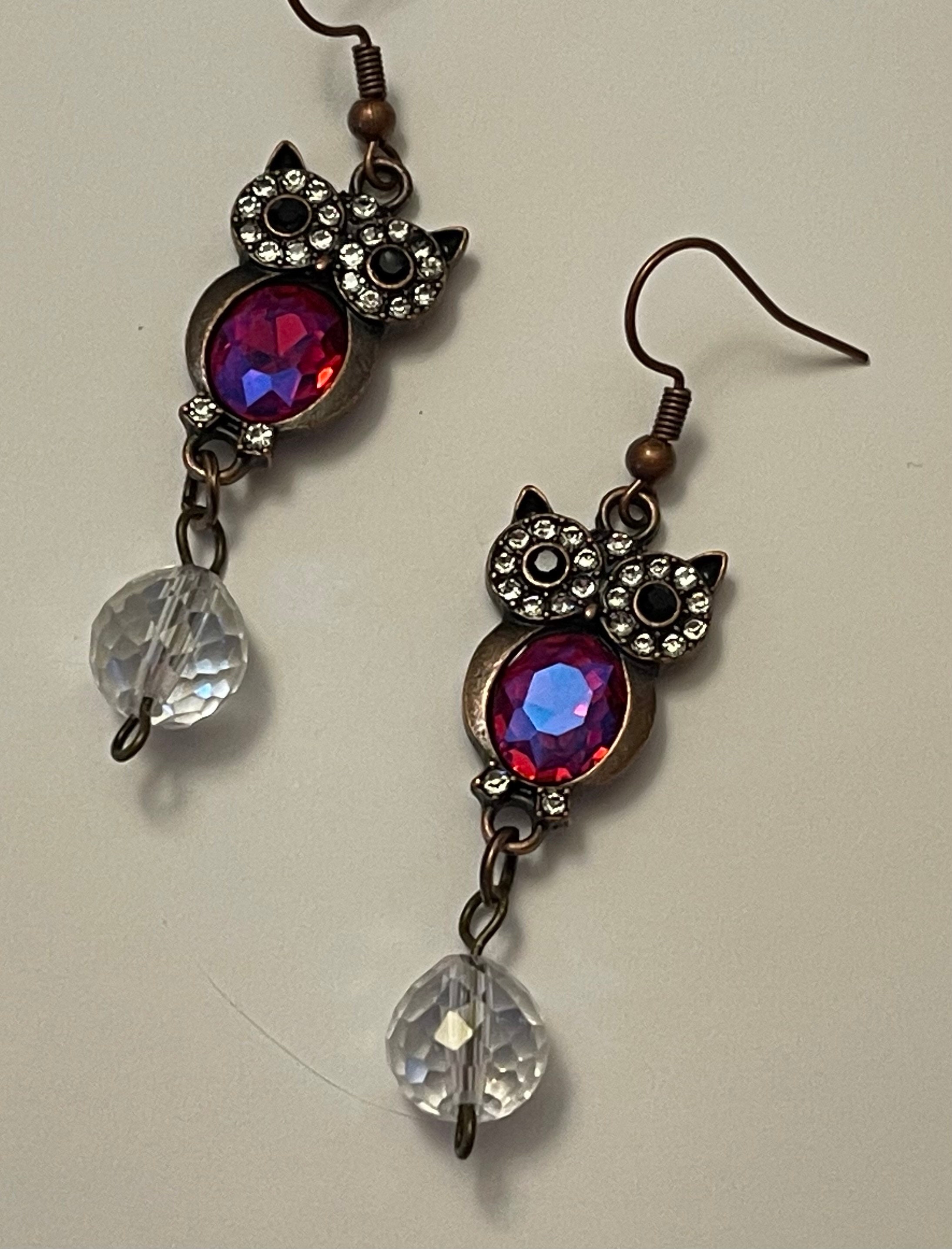 Iridescent RHINESTONE OWL Dangle EARRINGS Nickel Free Hooks 2.5" Long Beautiful Glass Beads Bra