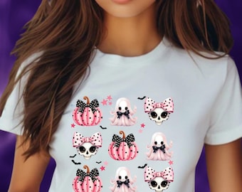 Camisa de Halloween coqueta, linda camisa de calabaza de Halloween, camisa de calabaza rosa, camisa de lazo de calabaza coqueta, camisa de fantasma coqueta, vibraciones espeluznantes
