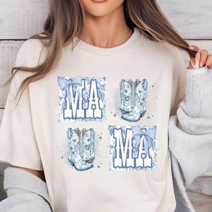 Coquette Cowgirl Mama Shirt, Country Western Mama Tshirt, Blue Toile de Jouy Aethetic, Bow Shirt, Mothers Day Gift, Gift For Mom, Mama Gift