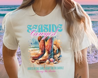Chemise de plage de cow-girl côtière, t-shirt d'été de cow-girl, chemise de cow-girl d'été occidental, T-shirt graphique de cow-girl de bord de mer, chemise de plage d'inspiration occidentale