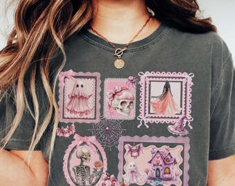Spooky Skeleton Ghost Tee, Comfort Colors Halloween Shirt, Girly Gothic Coquette Bow Shirt,  Preppy Fall Aesthetic, Gift For Halloween