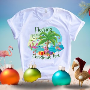 Christmas Flamingo Shirt, Christmas Gift, Tropical Christmas, Pink Flamingo Shirt, Flocking Around Shirt, Christmas Tree, Beach Christmas