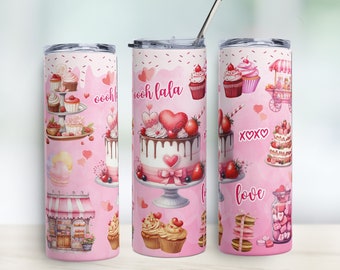 Valentine Pastry Tumbler, French Pastry Tumbler, Baked Sweets Cup, Happy Valentine, 20oz Skinny Sublimation Tumbler Design, Baked With Love