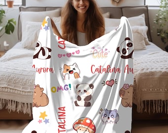 Personalized Name Kawaii Blanket Gift, Personalized Anime Blanket, Cute Panda Capybara Anime Blanket, Custom Anime Lover Gift, Kawaii Gift