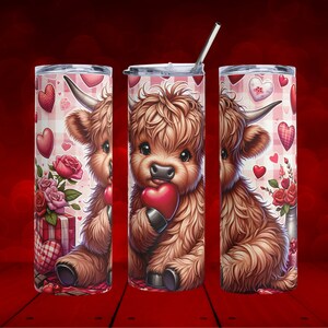 Highland Cow Tumbler, Valentinstag Becher, Highland Cow Sublimationsdesign, Valentinstag Kuh, Love Day Cup, 20 Unzen Skinny Tumbler