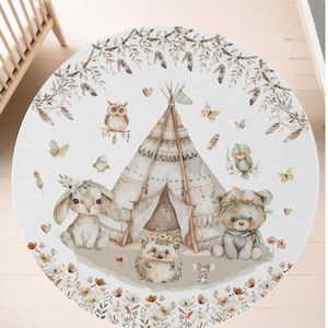 Boho Woodland Animal Round Rug, Woodland Nursery Decor, Forest Animal Area Rug, Kids Play Room, Non Slip Area Rug for Nursery, Rustic Rug