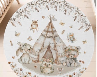 Boho Woodland Animal Round Rug, Woodland Nursery Decor, Forest Animal Area Rug, Kids Play Room, Non Slip Area Rug for Nursery, Rustic Rug
