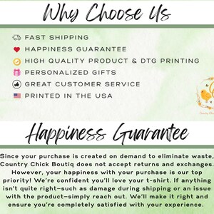 May include: An informational graphic with a light green watercolor background featuring the text Why Choose Us, followed by a list of service points including fast shipping, happiness guarantee, high quality DTG printing, and USA production.
