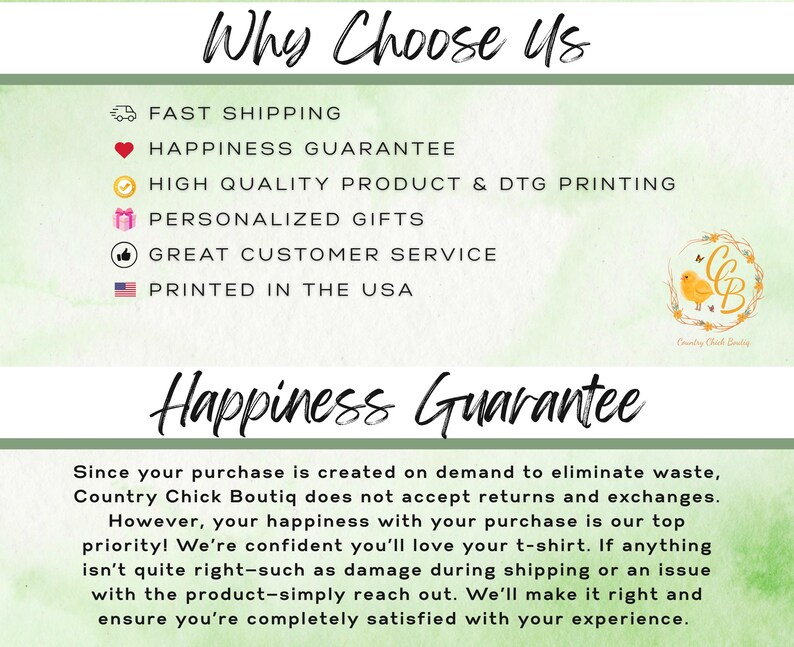 May include: An informational graphic with a light green watercolor background featuring the text Why Choose Us, followed by a list of service points including fast shipping, happiness guarantee, high quality DTG printing, and USA production.