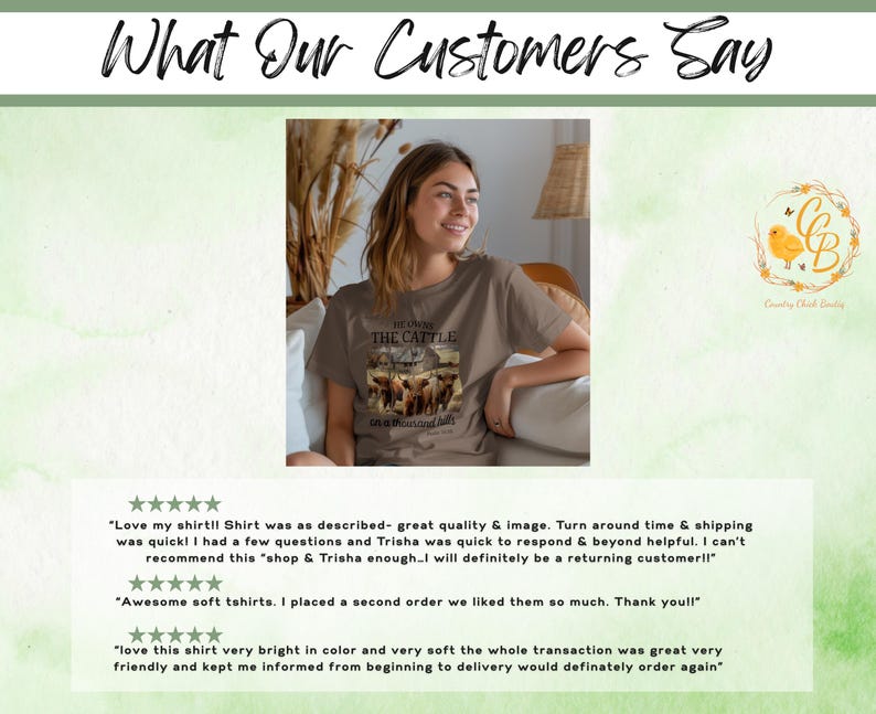 May include: A taupe short-sleeved t-shirt featuring a graphic print of a herd of cattle in a field with a barn in the background. The text on the shirt reads: HE OWNS THE CATTLE ON A THOUSAND HILLS. The shirt has a crew neckline and a relaxed fit.