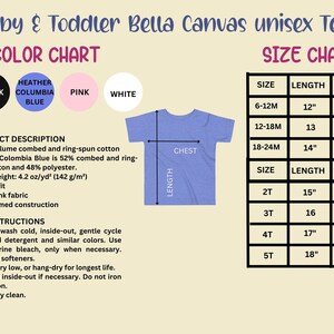 May include: Color chart for unisex baby and toddler t-shirts in black, heather columbia blue, pink, and white. The size chart shows sizes from 6-12 months to 5T with corresponding chest, length, and weight measurements in inches.