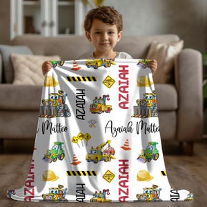 Personalized Construction Truck Baby Name Blanket, Custom Baby Boy Blanket, Personalized Baby Shower Gift, Kids Toddler Birthday Gift