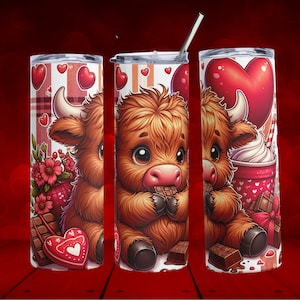Valentinstag Becher, Highland Cow Becher, Highland Kuh Sublimationsdesign, Valentinstag Kuh, Love Day Cup, 20 Unzen Skinny Tumbler