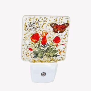 May include: A decorative night light with a rectangular design. The night light features a floral and butterfly design with the text "He restores my soul." The base is white.
