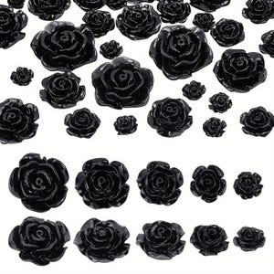 Black Resin Roses - 5 Sizes, Opaque Flatback Cabochons for Embellishments (20 per pack)