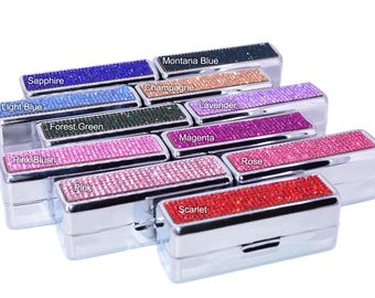 Bling Crystal Rhinestone Lipstick Case / Lip Balm Holder with Mirror (Solid Colors) KE