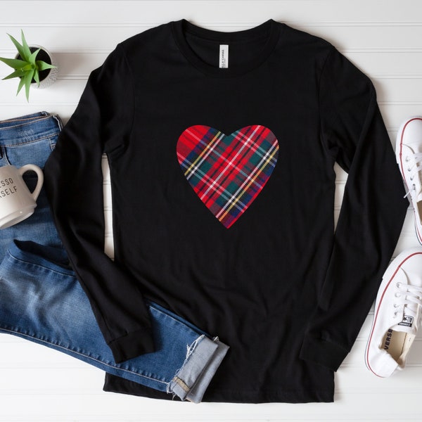 Red Heart Plaid Minimalist Unisex Jersey Long Sleeve Tee. Women's Long Sleeve T shirt