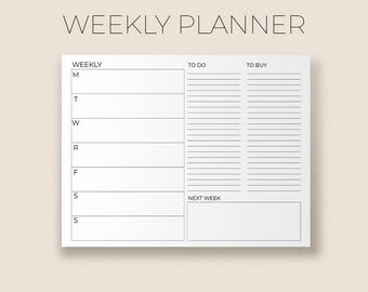 Planificador semanal minimalista imprimible, 4 tamaños (descarga digital)