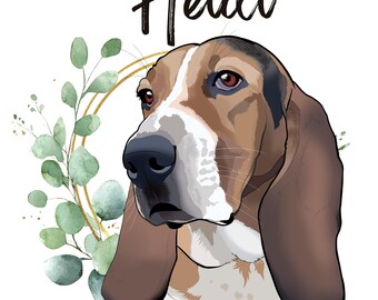 May include: A digital illustration of a Basset Hound dog with brown, white, and black fur. The dog's name, "Heidi," is written in black script above. A gold ring and green eucalyptus leaves surround the dog.