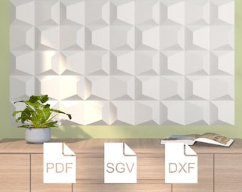 Może przedstawiać: Biały geometryczny panel ścienny z powtarzającym się wzorem kostki. Panel jest zamontowany nad drewnianą szafką. Roślina doniczkowa i otwarta książka znajdują się na szafce. Obraz zawiera ikony plików PDF, SVG i DXF.