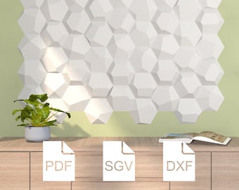 Op de afbeelding: Wit geometrisch wandpaneel met een honingraatontwerp. Het paneel is gemonteerd op een lichtgroene muur. De afbeelding toont ook een kleine potplant, een open boek en bestandstype-pictogrammen met de labels PDF, SVG en DXF.