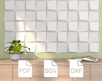 Op de afbeelding: Een wit 3D-wandpaneel met een geometrisch patroon. Het paneel is gemaakt van een lichtgewicht materiaal en is gemakkelijk te installeren. Het paneel wordt getoond in een kamer met een plant en een boek op een houten tafel. De tekst "PDF", "SGV" en "DXF" wordt getoond op de tafel.