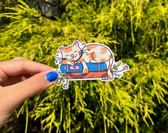May include: A sticker featuring a cartoon cat with orange and white fur sleeping on a stack of books. The books are blue and orange, with a floral design and the artist's signature. The cat is wearing a blue collar.