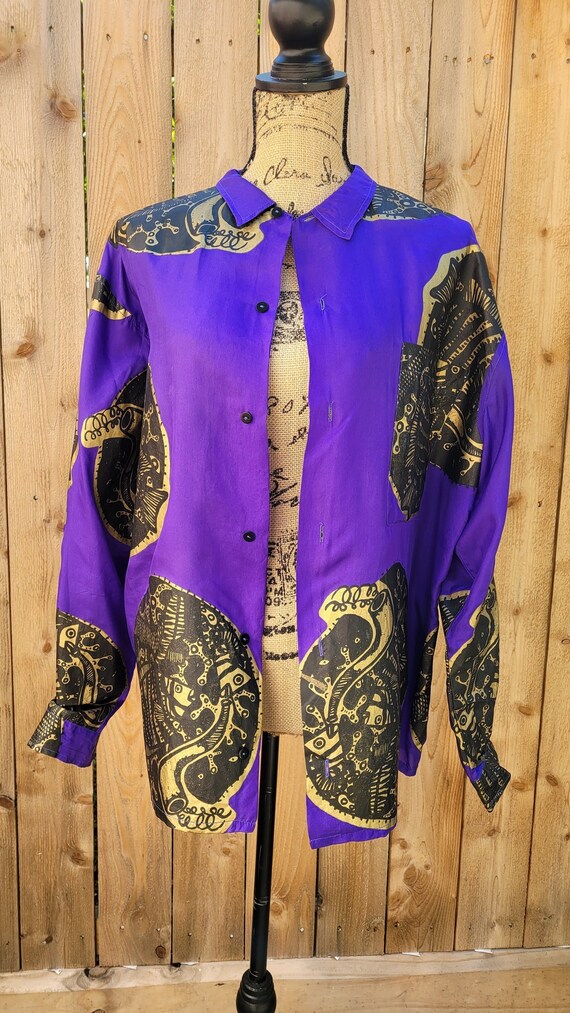 VINTAGE 80s Silk Hand Printed One of a Kind Blouse