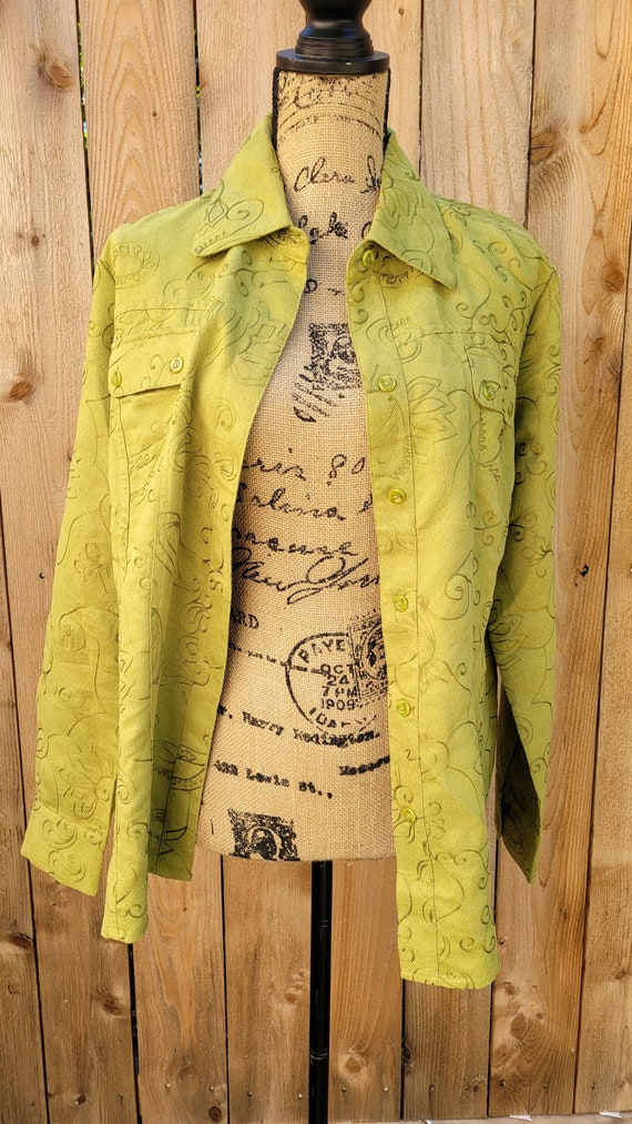 VINTAGE Faux Suede Lime Green Blouse w Paisley Emb