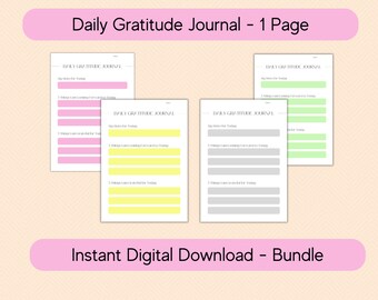 May include: A printable daily gratitude journal with three different color schemes: pink, yellow, and green. The journal prompts users to write down their daily notes and list three things they are grateful for.