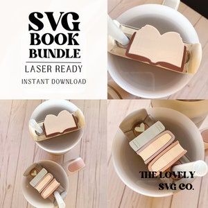 May include: A set of three SVG cut files for a book-themed tumbler design. The design features a stack of three books with a heart on top, and a single book with a heart on the bottom. The text "THE LOVELY SVG CO." is visible in the bottom right corner of the image.