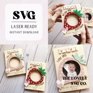 May include: A set of three wooden picture frames featuring a strawberry design. Each frame has a space for a photo and the words "Mommy", "Mama", and "I Love You" are inscribed on the frames. The frames are adorned with hearts and the text "Happy Mother's Day 2024".