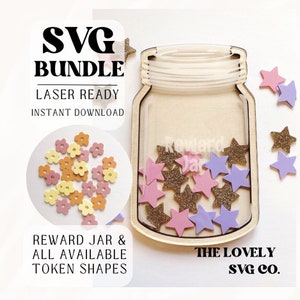 Paquete de tarros y fichas de recompensa SVG / Formas de tokens para tarro de recompensa / Archivo SVG de tarro de recompensa / Archivo Glowforge / Listo para láser
