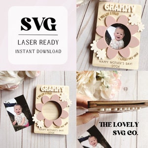 May include: A laser-cut wooden frame with a pink flower design and a photo cutout. The frame says "Grammy" and "I would pick you! Happy Mother's Day! 2024".