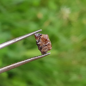 May include: A small, rough-cut, brown gemstone is held by silver tweezers against a blurred green backdrop. The gemstone has a crystalline appearance and varying shades of brown.