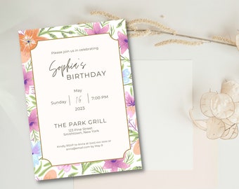 Birthday Party Invitation, Floral Invitation, EDITABLE, Instant Download, Invitation Template
