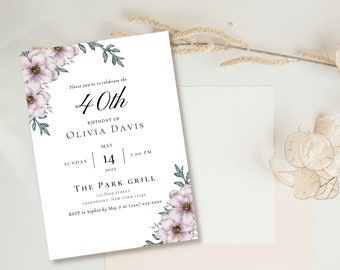 Birthday Invitation, EDITABLE Purple Floral Birthday Digital Invitation, Instant Download, Elegant Invitation Template