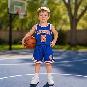May include: A child in a blue basketball kit with orange trim, the name "JACKSON" and the number "6" are visible. The child holds a basketball and smiles. The background shows a basketball hoop and trees. The kit is made of a lightweight material.