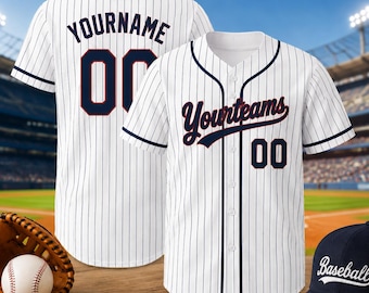 May include: A white baseball jersey with thin vertical navy blue pinstripes, featuring navy blue text that reads Yourteams on the front and YOURNAME on the back, along with the number 00 in navy blue with a red outline on both sides.