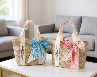 Sacs de plage personnalisés en paille/sac de demoiselle d'honneur/sac nuptiale de douche/sac fourre-tout en toile de jute personnalisé proposition de demoiselle d'honneur, cadeaux d'anniversaire, sac de fête d'anniversaire