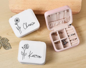 Joyero de viaje personalizado, organizador de pendientes cuadrado pequeño, caja de regalo de dama de honor para hermana, joyero de viaje, regalos personalizados para ella